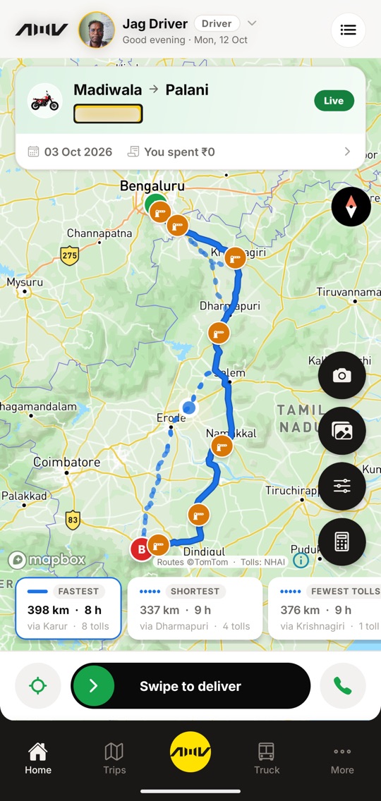 The driver’s screen: the live trip over the truck route with toll plazas and route options