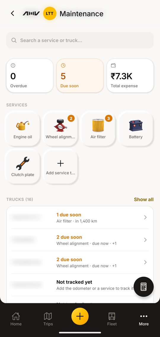 The Maintenance page: services due soon by truck and total expense
